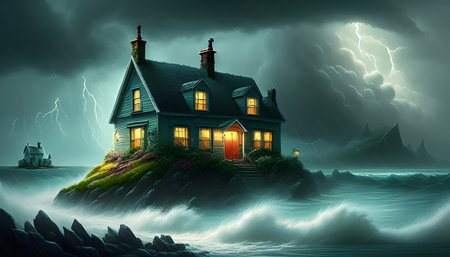 House in the ocean with stormy sky. 3D illustration.の素材
