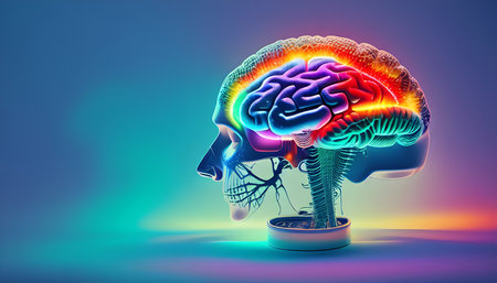 Human brain in neon light. 3D illustration. 3D renderingの素材
