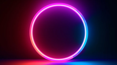 Neon round frame. Glowing neon circle on black background. Vector abstract background.の素材