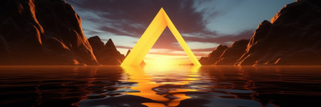 3d illustration of a golden triangle in the sea at sunset.の素材