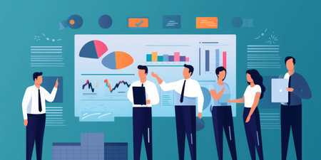 Business people working in office. Teamwork and brainstorming concept. Businessmen and businesswomen working together. Vector illustration in flat styleの素材