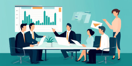 Business meeting vector illustration. Businessman and businesswoman in office working with charts and diagrams.の素材