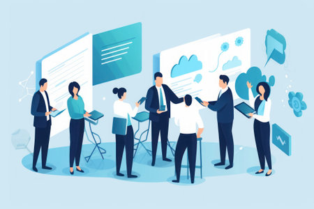 Business meeting vector illustration. Group of business people having a brainstorming session. Teamwork, brainstorming, communication concept.の素材