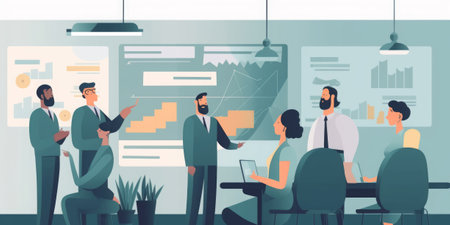 Business people meeting in conference room flat vector illustration. Cartoon business people talking and discussing at meeting room. Teamwork conceptの素材