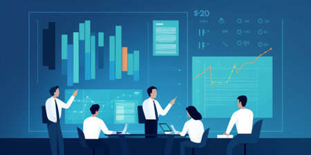 Business people meeting in conference room. Teamwork, meeting, brainstorming concept. Vector illustration in flat styleの素材