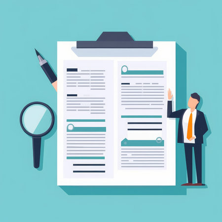 Businessman with clipboard and magnifying glass. Flat design vector illustration.の素材