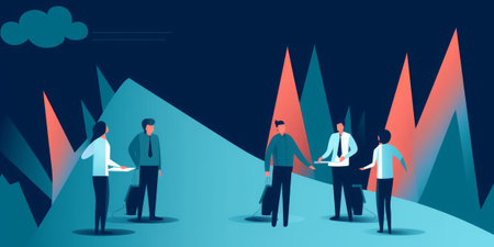 Business team standing on the background of mountains. Vector illustration in flat style.の素材