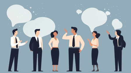 Group of business people talking with speech bubbles. Vector illustration in flat styleの素材