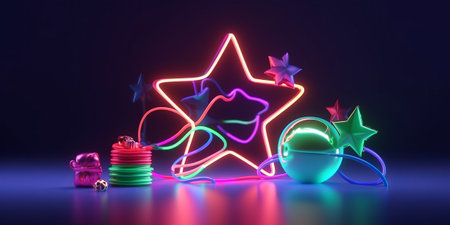 3d rendering of christmas decoration with star and balls in neon lightの素材