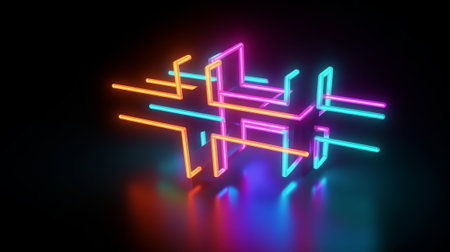 3d illustration of abstract neon lights background. Glowing neon lines.の素材