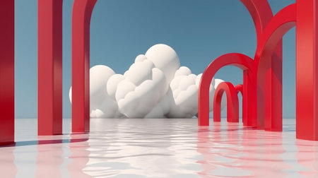 Red arch with clouds in the blue sky. 3d render illustrationの素材