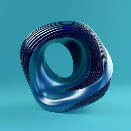 3d render, abstract blue wavy shape on blue background.の素材
