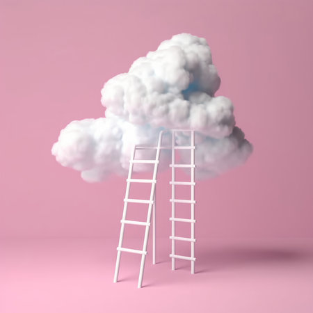 Ladder leading to a white cloud on a pink background. 3D Renderingの素材