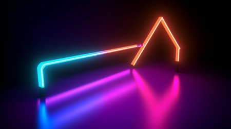 3d rendering of neon arrows in a dark room with neon reflectionsの素材