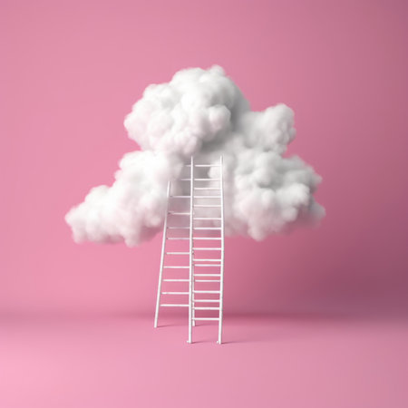 Conceptual image with ladder leading to white cloud on pink backgroundの素材