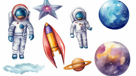 Astronaut, rocket and planets set. Watercolor illustration.の素材