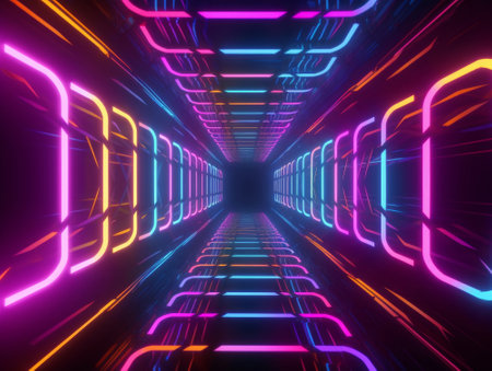 Futuristic tunnel corridor with glowing neon lights, 3d renderingの素材