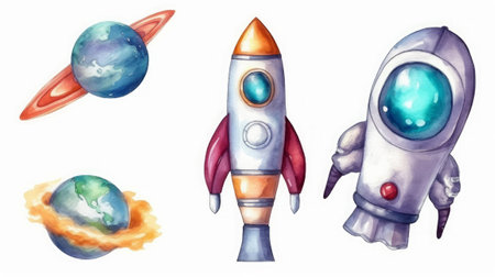 Watercolor space rocket set. Hand drawn illustration isolated on white backgroundの素材