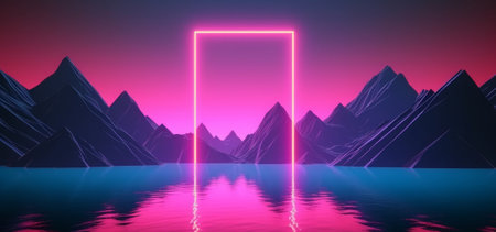 Futuristic abstract background with neon lights and mountains. 3d renderingの素材