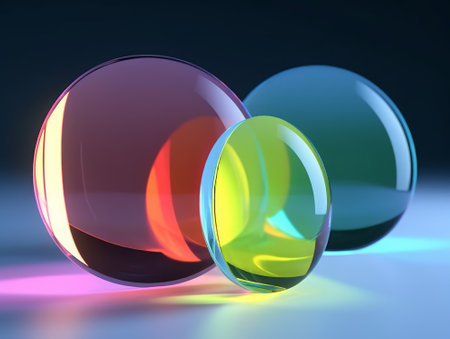 3d render of abstract multicolored glass balls on dark backgroundの素材