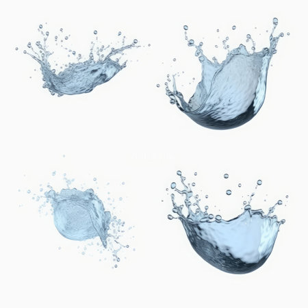 collection of various water splashes on white background. each one is shot separatelyの素材
