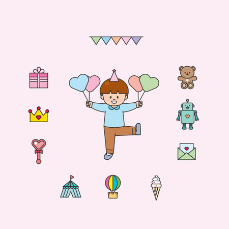 Cute boy with set of icons for birthday party. Vector illustrationのイラスト素材