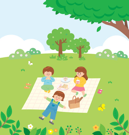 Happy family picnicking in the park. Mother, father and child having picnic. Vector illustrationのイラスト素材