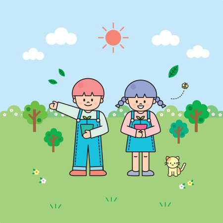 Cute kids playing in the garden. Vector illustration in cartoon styleのイラスト素材