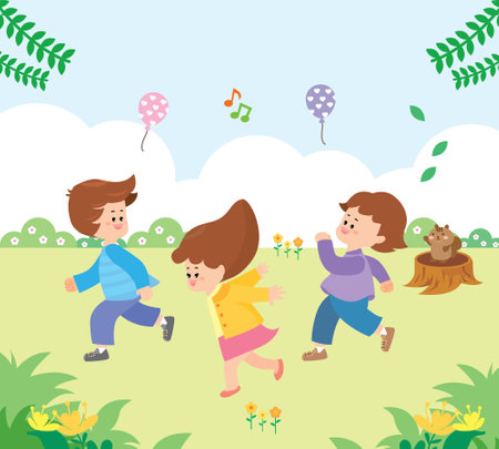 Children playing in the park. Vector illustration of children playing outdoors.のイラスト素材