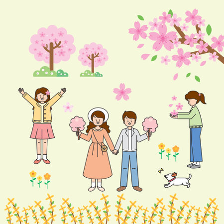 Cherry blossoms and people in spring season. Vector illustration.のイラスト素材