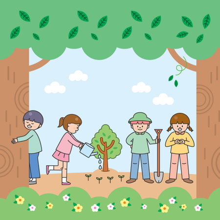 Children planting trees in the garden. Cartoon vector illustration of children planting trees.のイラスト素材