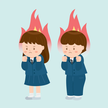 boy and girl in school uniform holding hands on fire. vector illustrationのイラスト素材