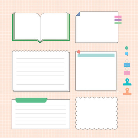 Illustration of a set of blank note papers with different shapes and colorsのイラスト素材