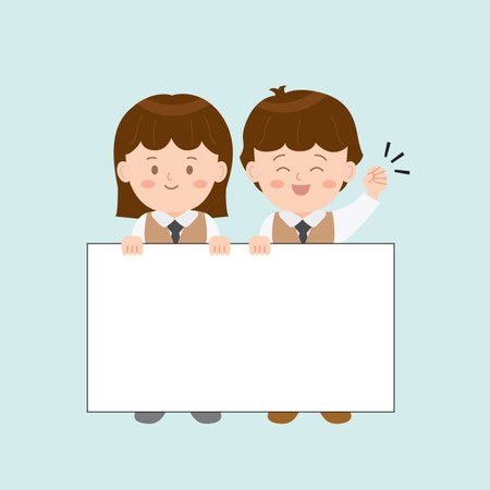 Cute boy and girl holding a blank board. Vector illustration.のイラスト素材