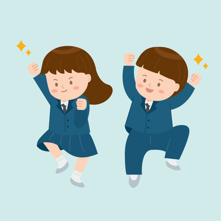 Boy and girl in school uniform showing thumbs up gesture. Vector illustration.のイラスト素材