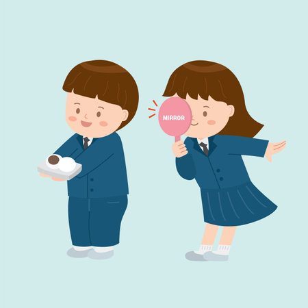 Boy and girl in school uniform holding speech bubble. Vector illustration.のイラスト素材