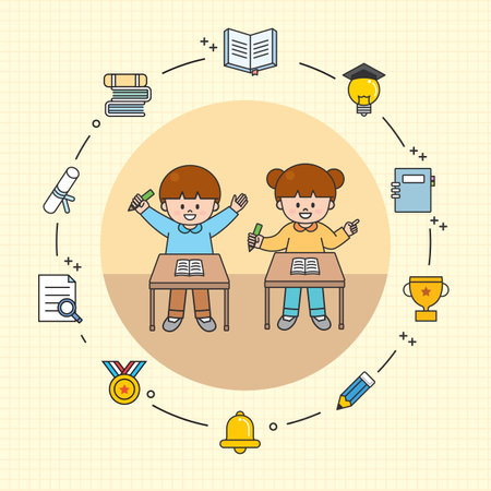 Back to school. Vector illustration with cute little schoolboy and schoolgirl in circle.のイラスト素材