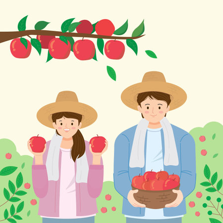 Farmer and farmer with apples in the garden. Vector illustration.のイラスト素材