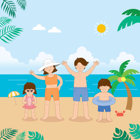 Family on the beach. Vector illustration in flat cartoon style. Summer vacation.のイラスト素材