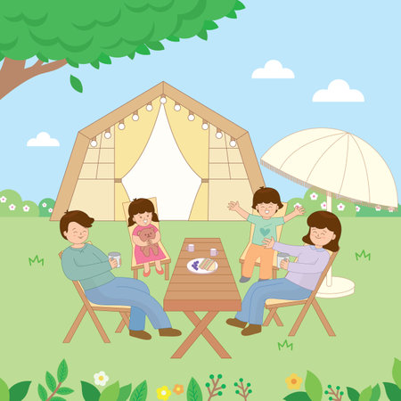 Family camping in the park. Vector illustration in flat design style.のイラスト素材