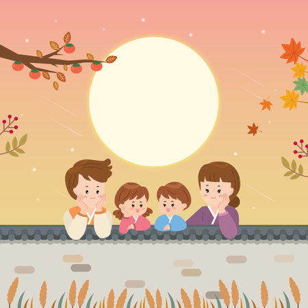 Autumn landscape with family in the park and full moon, vector illustrationのイラスト素材