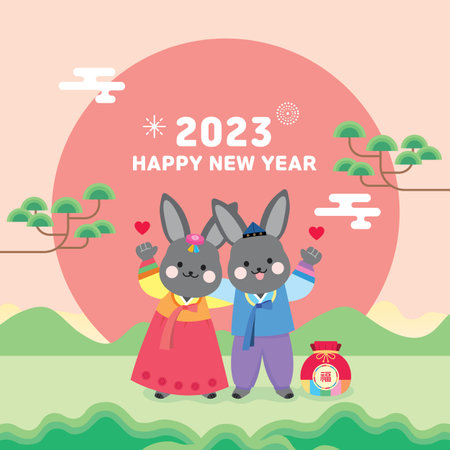 Happy new year 2023 greeting card with cute rabbits. Vector illustration.のイラスト素材
