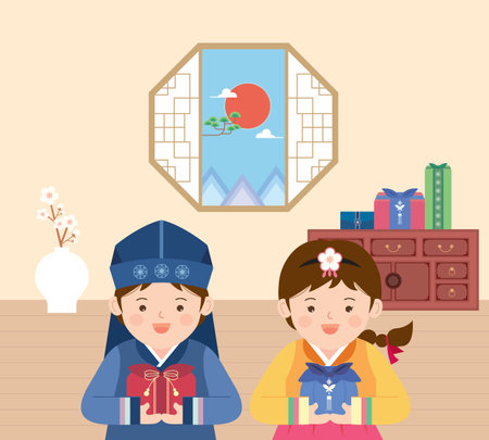 Illustration of a boy and a girl in Korean traditional clothes.のイラスト素材