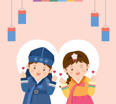 Korean boy and girl in traditional clothes with hearts. Vector illustration.のイラスト素材