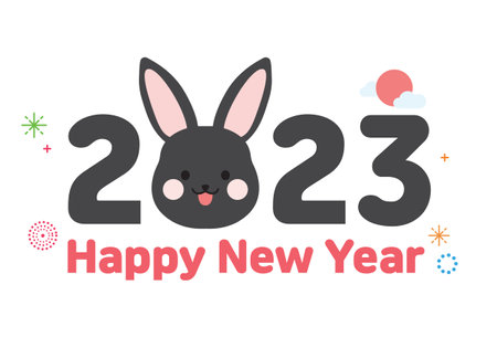 Happy new year greeting card with cute bunny. Vector illustration in flat style.のイラスト素材