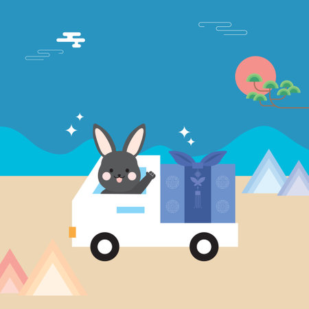 Vector illustration of a cute rabbit with a gift box in the car.のイラスト素材