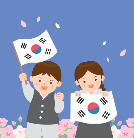 Couple holding a South Korea flag with cherry blossom background.のイラスト素材