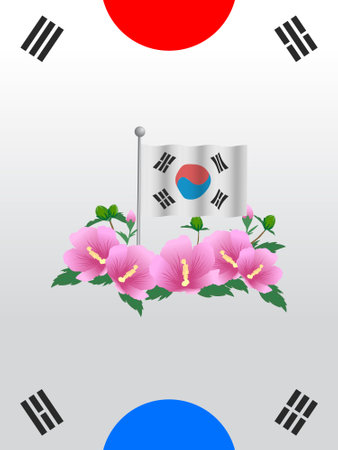 Flag of South Korea on the background of flowers. Vector illustration.のイラスト素材