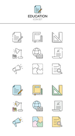 Set of line icons of education. Collection of multicolored outline signs for web design, mobile app. Vector illustrationのイラスト素材
