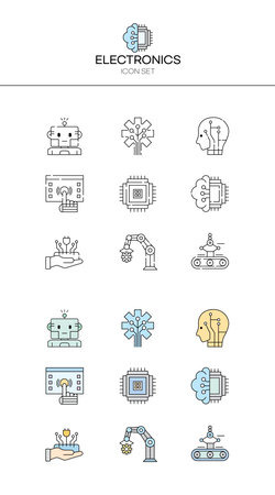 Electronic industry thin line icons set. Robot, robotic arm, chip. Robotic technology concept. Vector illustration can be used for topics like engineering, production, automationのイラスト素材